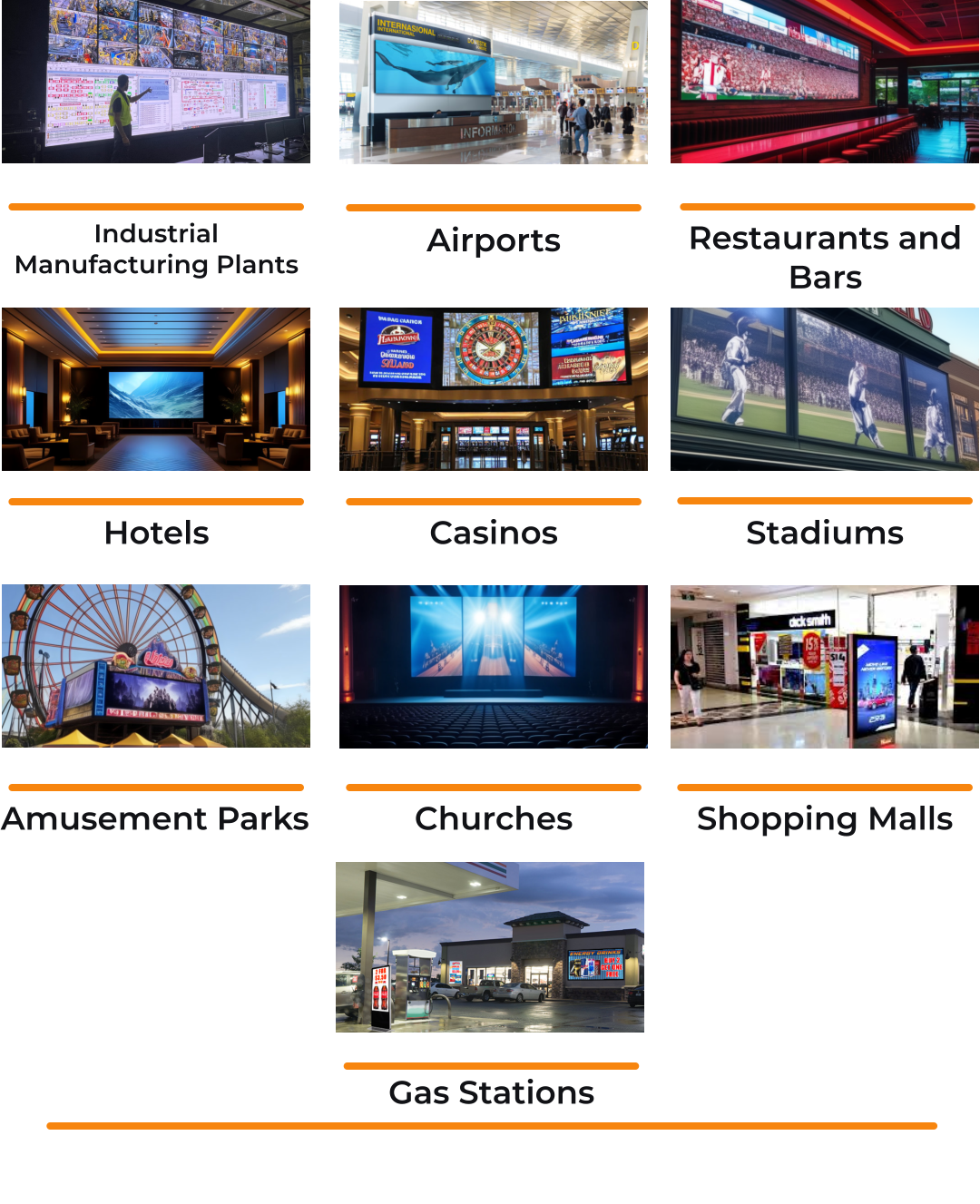 Amusement Parks   Airports   Restaurants and Bars   Industrial Manufacturing Plants    Hotels   Casinos   Stadiums   Churches   Shopping Malls   Gas Stations